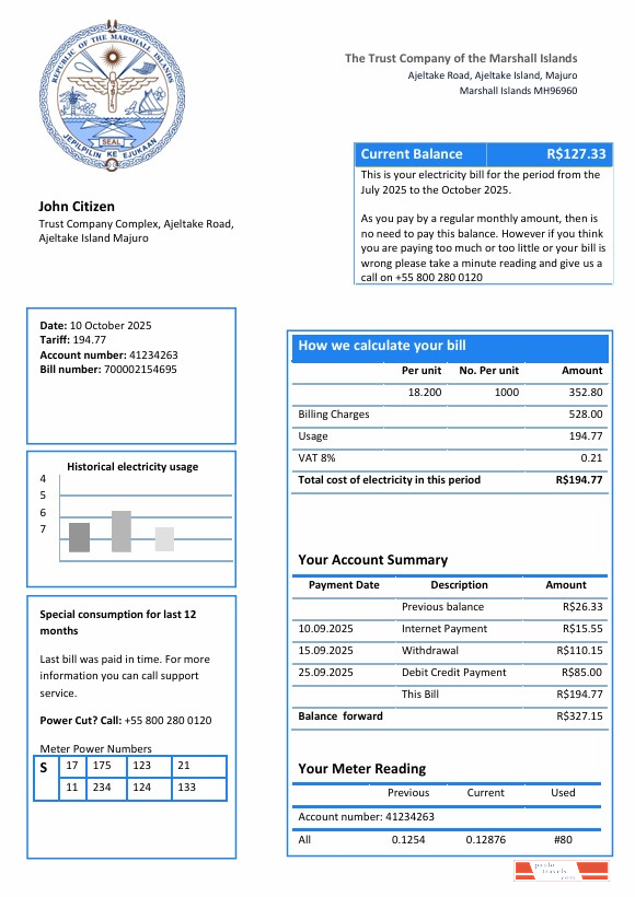 Marshall Islands electricity utility bill